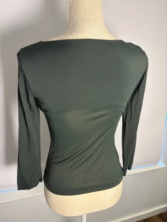 Moschino Deep Green Long-Sleeve V-Neck Ruched Tie Front Top Sz 6 - Picture 3 of 6